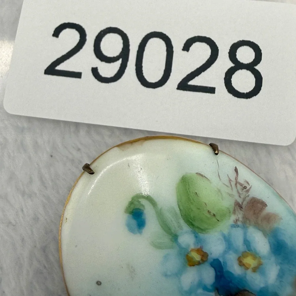 Vintage Victorian Hand Painted Floral Brooch Blue Enamel Oval Brass Tone
